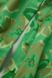 Grüne, lässige Print-Patchwork-Schnalle mit Umlegekragen