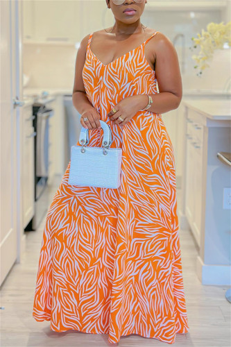 Orange Casual Vacation Basis Print Printing Spaghetti Strap Dresses