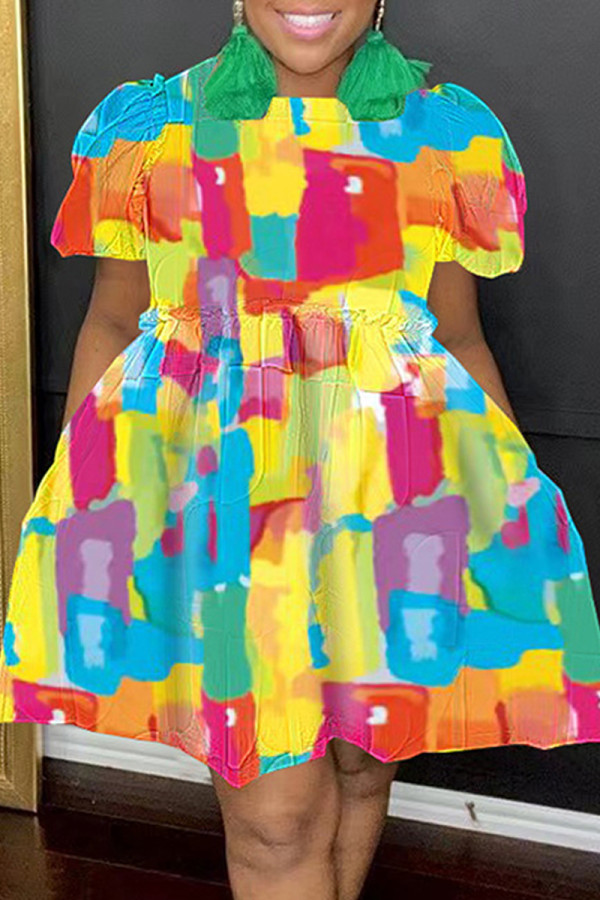 Färg Casual Print Patchwork O-hals kortärmad klänning