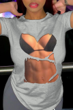 T-shirt O Neck patchwork stampa quotidiana sexy rossa