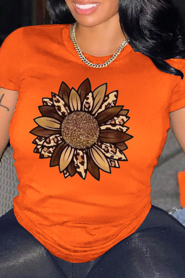 Camisetas con cuello en O de patchwork con estampado diario casual naranja