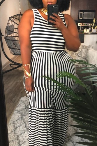 Black White Casual Striped Print Patchwork O Neck Plus Size Sleeveless Dress