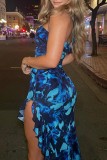Blue Sexy Print Hollowed Out Backless Spaghetti Strap Irregular Dress Dresses