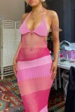 ピンクのセクシーなパッチワーク シースルー バックレス コントラスト ホルター ロング ドレス ドレス