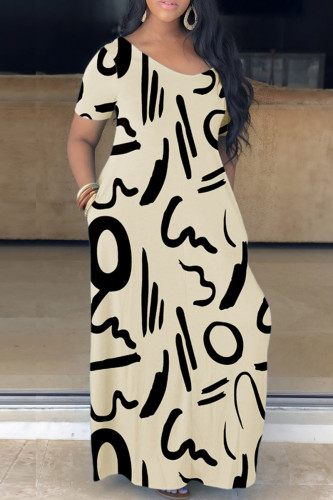 Black Apricot Casual Print Basic V Neck Short Sleeve Dress