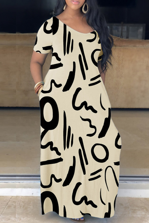 Black Apricot Casual Print Basic V Neck Short Sleeve Dress