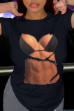 T-shirt O Neck patchwork stampa quotidiana sexy nera