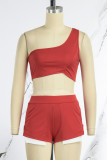 Red Sexy Sportswear Solid Patchwork Slit Oblique Collar Sleeveless Two Pieces
