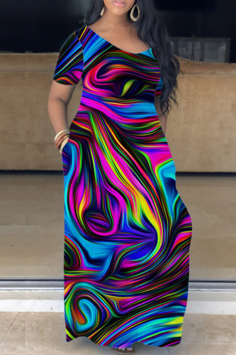 Purplish Blue Casual Print Basic V Neck Short Sleeve Dress