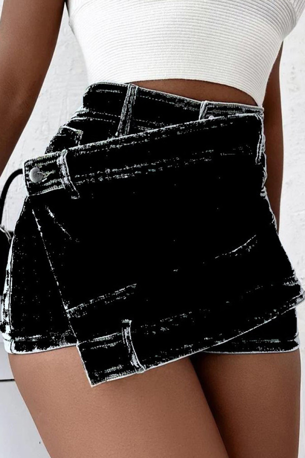 Gonne di jeans asimmetriche a vita alta con patchwork solido nero