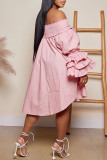 Roze casual lief elegant effen vouw off-shoulder off-the-shoulder jurken
