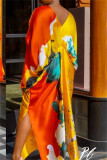 Robe imprimée à col en V d'impression mixte de vacances de grande taille jaune