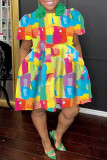 Vestido de manga corta con cuello en O de patchwork con estampado informal multicolor