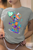 Grijze casual T-shirts met schattige print en patchwork met O-hals