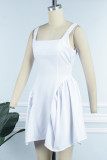 Белое повседневное однотонное платье без спинки с квадратным воротником и бантом