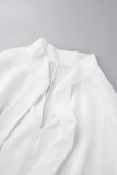 Blanco casual sólido vendaje patchwork cinta cuello vestidos rectos