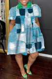 Gele casual print patchwork jurk met korte mouwen en ronde hals
