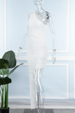 Белое сексуальное повседневное однотонное платье с открытой спиной и косым воротником