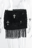 Black Sexy Street Solid Tassel Patchwork Metal Accessories Decoration Regular Low Waist Pencil Solid Color Bottoms