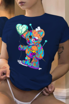 Marineblauwe casual schattige print patchwork O-hals T-shirts