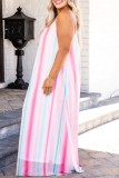 Pale Red Sexy Casual Striped Print Backless Spaghetti Strap Long Dress Plus Size Dresses
