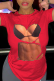 Red Sexy Daily Print Patchwork O Neck T-Shirts