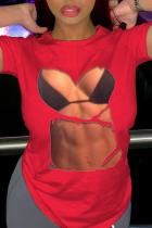 Camisetas con cuello en O de patchwork con estampado diario sexy rojo