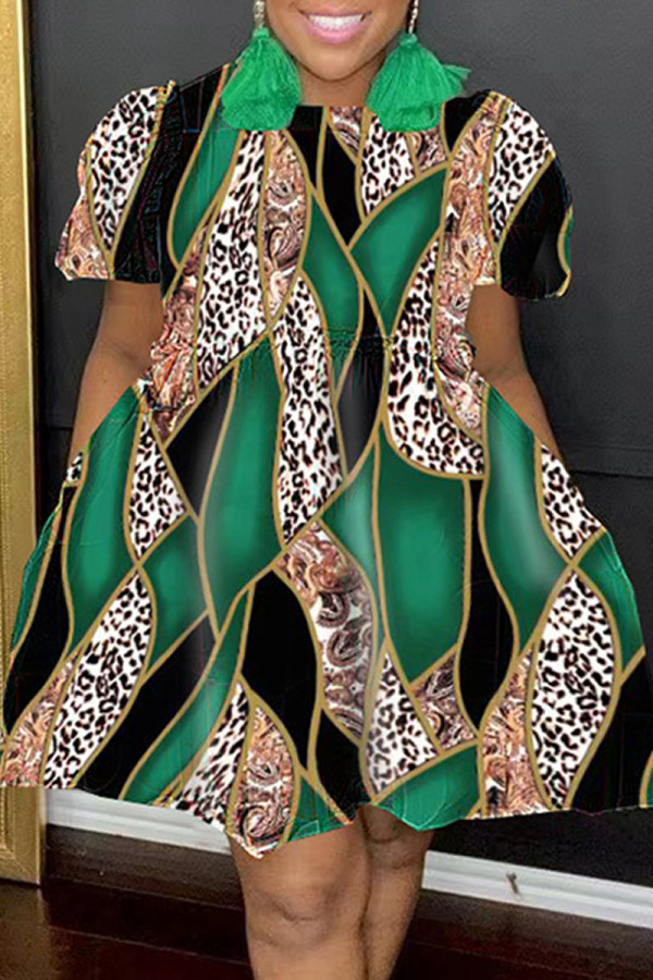 Groene casual print patchwork jurk met ronde hals en korte mouwen