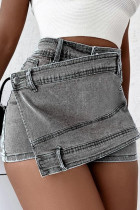 Saia jeans cintura alta assimétrica com patchwork sólido cinza Street