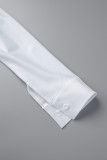 Blanco casual sólido frenillo hendidura cuello vuelto manga larga dos piezas