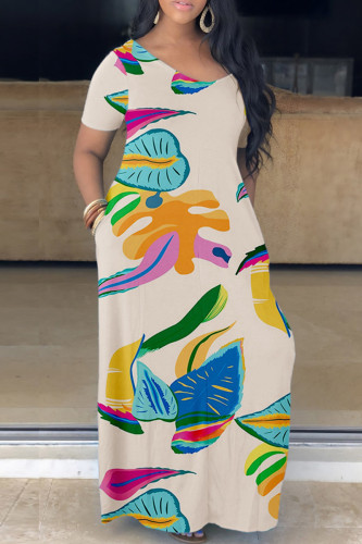 Apricot Casual Print Basic V Neck Short Sleeve Dress