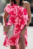 ピンクオレンジカジュアルエレガントプリントフラウンス斜め襟非対称ドレス