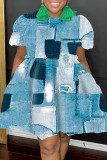 Robe à manches courtes à col rond et imprimé patchwork couleur décontractée