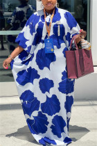 Vestido estampado de cuello de cinta con estampado floral de vacaciones casuales de talla grande azul