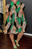 Gele casual print patchwork jurk met korte mouwen en ronde hals