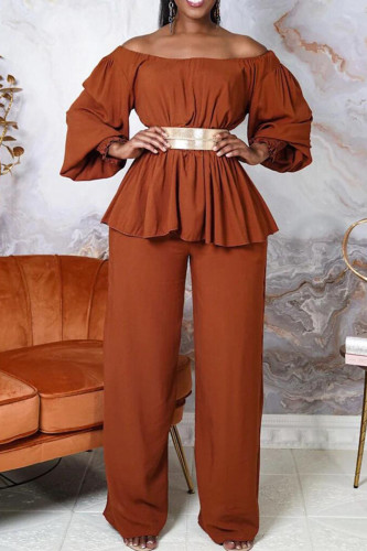 Brown Casual Solid Patchwork With Belt Off the Shoulder Long Sleeve Two Pieces(With A Belt)