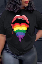 Zwarte Street Lips bedrukte patchwork T-shirts met ronde hals