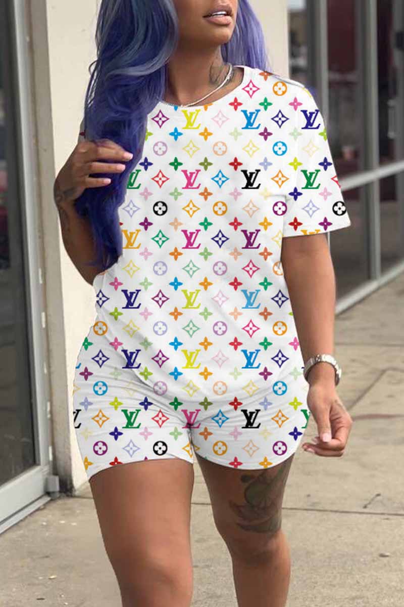 

White Casual Print Letter O Neck Short Sleeve Two Pieces