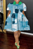 Blauwe casual print patchwork jurk met ronde hals en korte mouwen