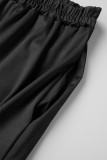 ブラック カジュアル ソリッド パッチワーク スリット フード付き襟 半袖 XNUMX 枚