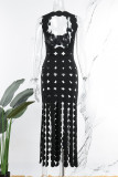 Black Sexy Solid Hollowed Out See-through Backless U Neck Sleeveless Dress