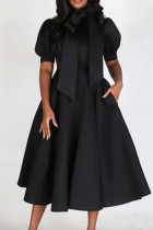 Zwart casual effen patchwork met striklint kraag A-lijn jurken