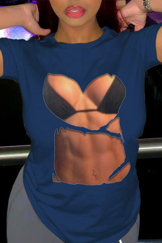 T-shirt O Neck patchwork stampa quotidiana sexy blu navy