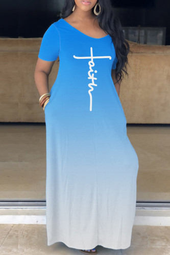 Light Blue Casual Print Basic V Neck Short Sleeve Dress