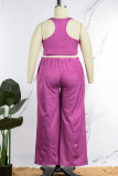 Gilet casual tinta unita rosa viola Pantaloni O Collo Plus Size Due pezzi