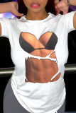 T-shirt O Neck patchwork stampa quotidiana sexy nera