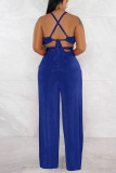 Blue Sexy Solid Bandage Patchwork Backless Sleeveless Two Pieces