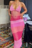 Pink Sexy Patchwork See-through Backless Contrast Halter Long Dress Dresses