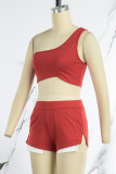 Rouge Sexy Sportswear Solide Patchwork Fente Col Oblique Sans Manches Deux Pièces