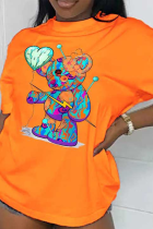 Camisetas casuais com gola O em patchwork com estampa fofa laranja